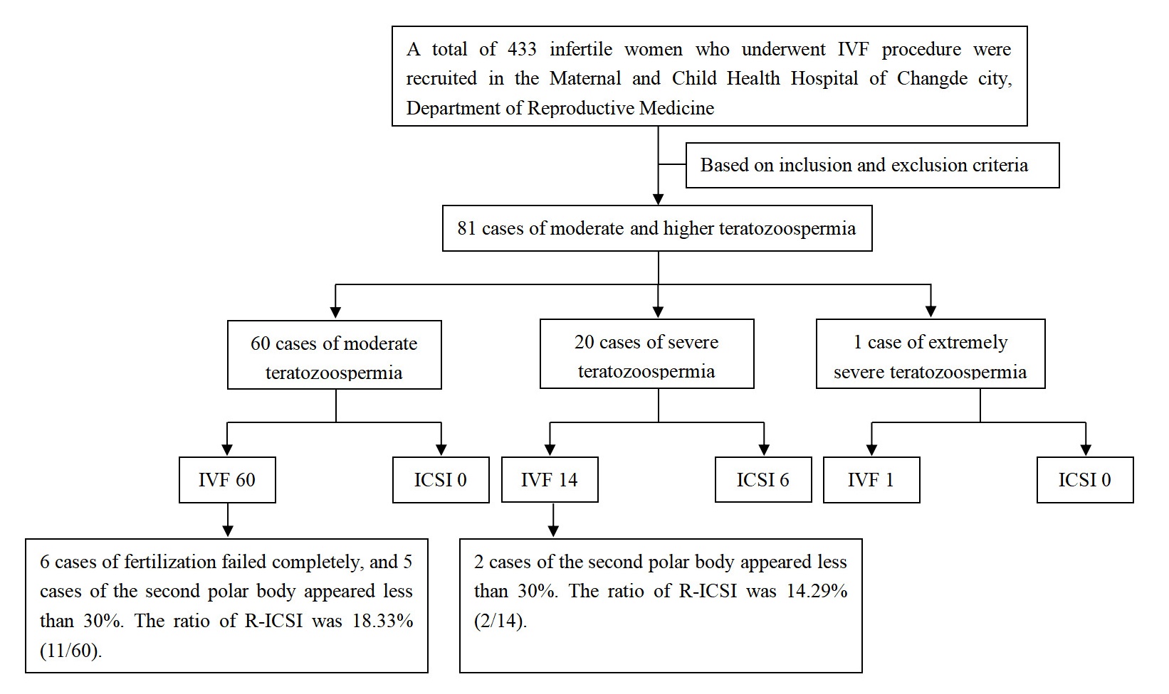 Patient selection flowchart. Four hundred thirty-three couples
received assisted reproductive assistance. Among them, 81 patients had moderate
or higher teratozoospermia. Among the 60 patients with moderate teratozoospermia,
all underwent conventional IVF, of these, eleven patients were treated with
rescue ICSI. In 20 cases of severe teratozoospermia, 14 were treated with
one-generation fertilization and 6 with ICSI. In 14 patients with
first-generation fertilization, two patients were treated with rescue ICSI. One
patient with extremely severe teratozoospermia underwent conventional in
vitro fertilization. IVF: in-vitro fertilization; ICSI:
intracytoplasmic sperm injection; R-ICSI: rescue intracytoplasmic sperm
injection.