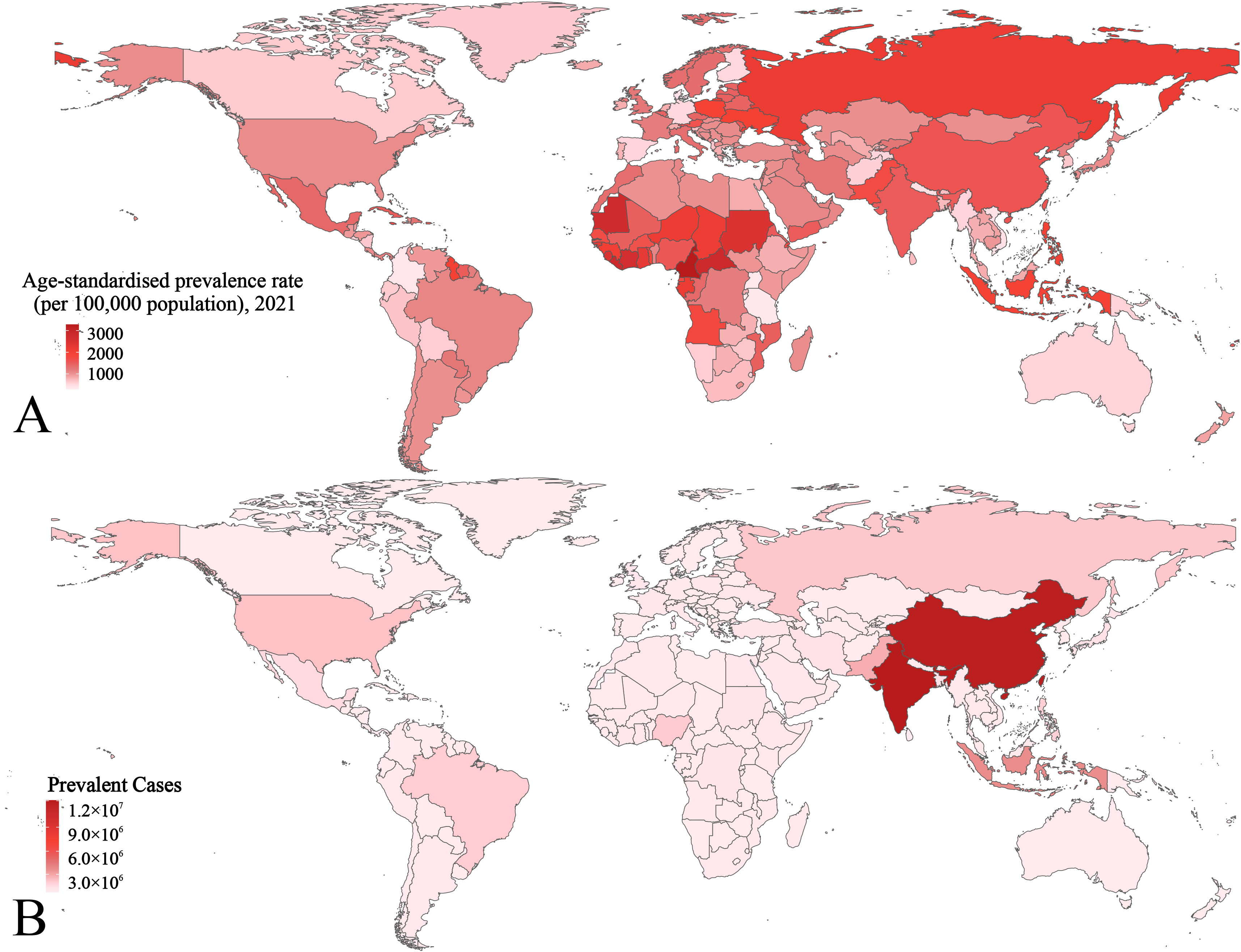 Estimated age-standardized prevalence rate and number of
patients with male infertility worldwide in 2021. (A) Global distribution map of
age-standardized prevalence of male infertility. (B) Global distribution map of
male infertility patients.
