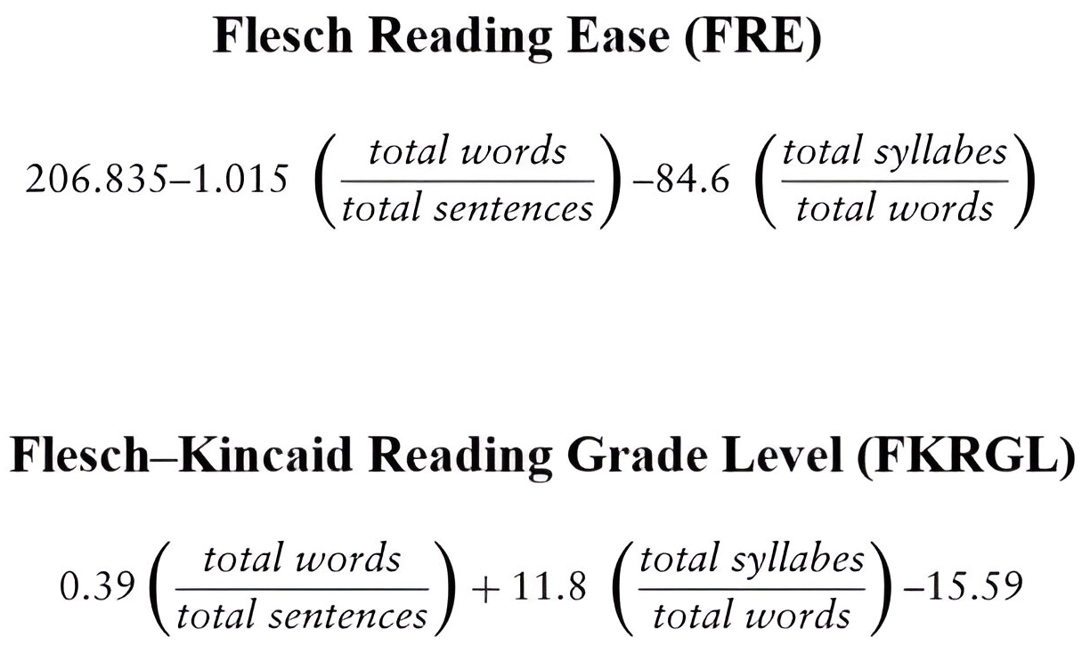 Calculation of the Flesch Reading Ease (FRE) and the
Flesch-Kincaid Reading Grade Level (FKRGL).