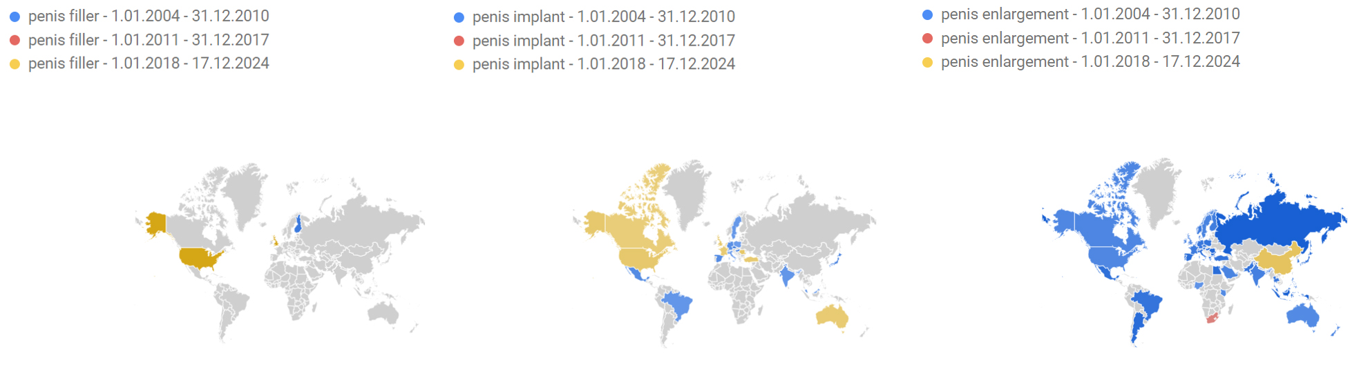 Geographical distribution of search interest for
three representative terms: “Penis Filler”, “Penis Implant” and “Penis
Enlargement” across the three study periods. Colors on the maps indicate the
regions with the highest search volume for each term during the specified
period.