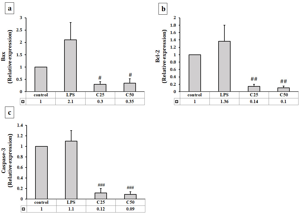 Comparison of gene expression levels
of apoptosis-related markers across groups. (a) Relative mRNA expression level
of Bax, (b) Bcl-2, and (c) Caspase-3 in Control, LPS,
C25, and C50 groups. C: Carvacrol; LPS: Lipopolysaccharide; C25: LPS + Carvacrol
25 mg/kg; C50: LPS + Carvacrol 50 mg/kg. # Compared with LPS group.
#p < 0.05, ##p < 0.01, ###p
< 0.001. Data are presented as mean ± SE (n = 8 per group).