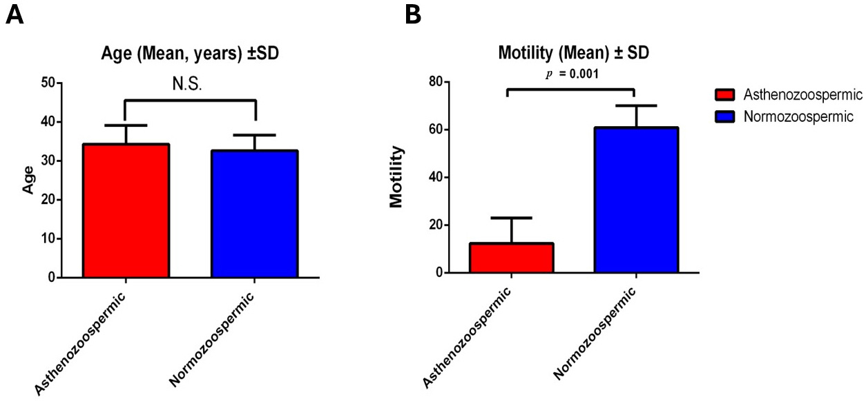 Age and motility
differences between Asthenozoospermic and Normozoospermic groups. (A) Age groups
did not show any significant difference. (B) Significant difference in motility
is shown between asthenozoospermic and normozoospermic groups. SD: Standard
Deviation; N.S.: Not Significant.